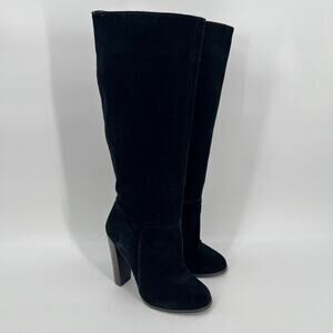 Colin Stuart Tall Suede Leather Boots Womens Sz 8 Black Knee High Stacked Heel